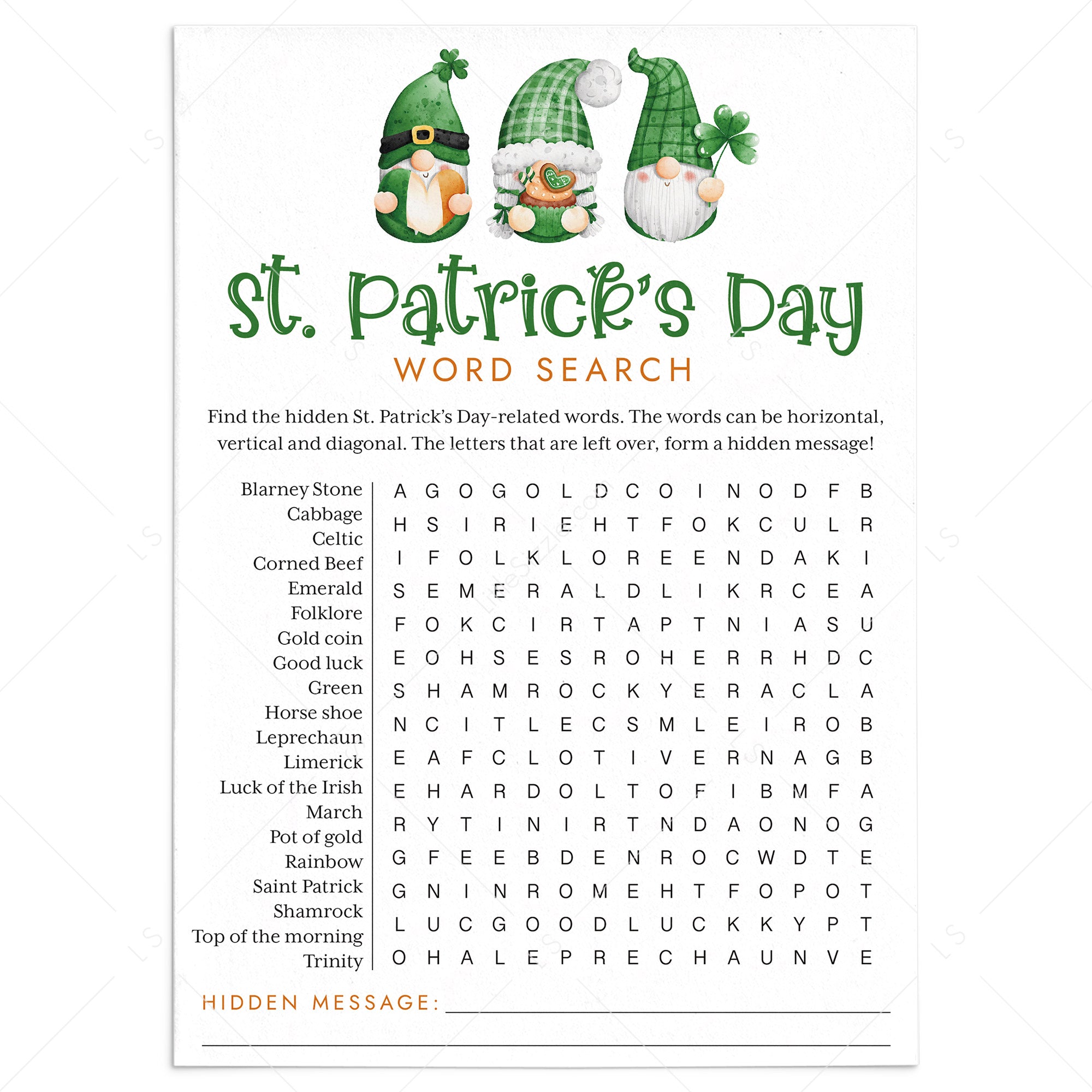 Printable St Paddy's Day Game for Kids Word Search with Answer Key by LittleSizzle