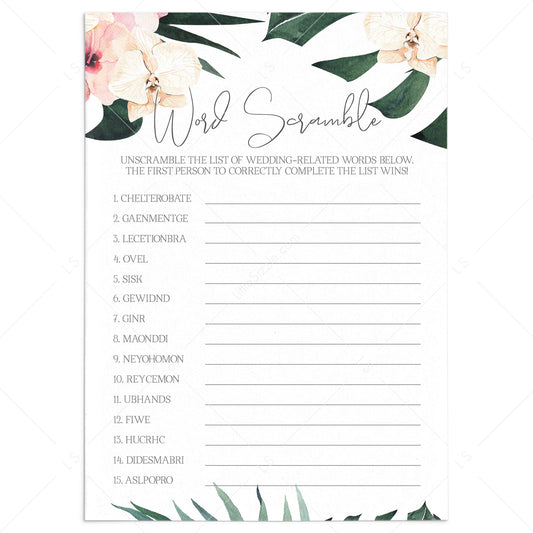 Bridal Shower Word Scramble Game Botanical Theme by LittleSizzle