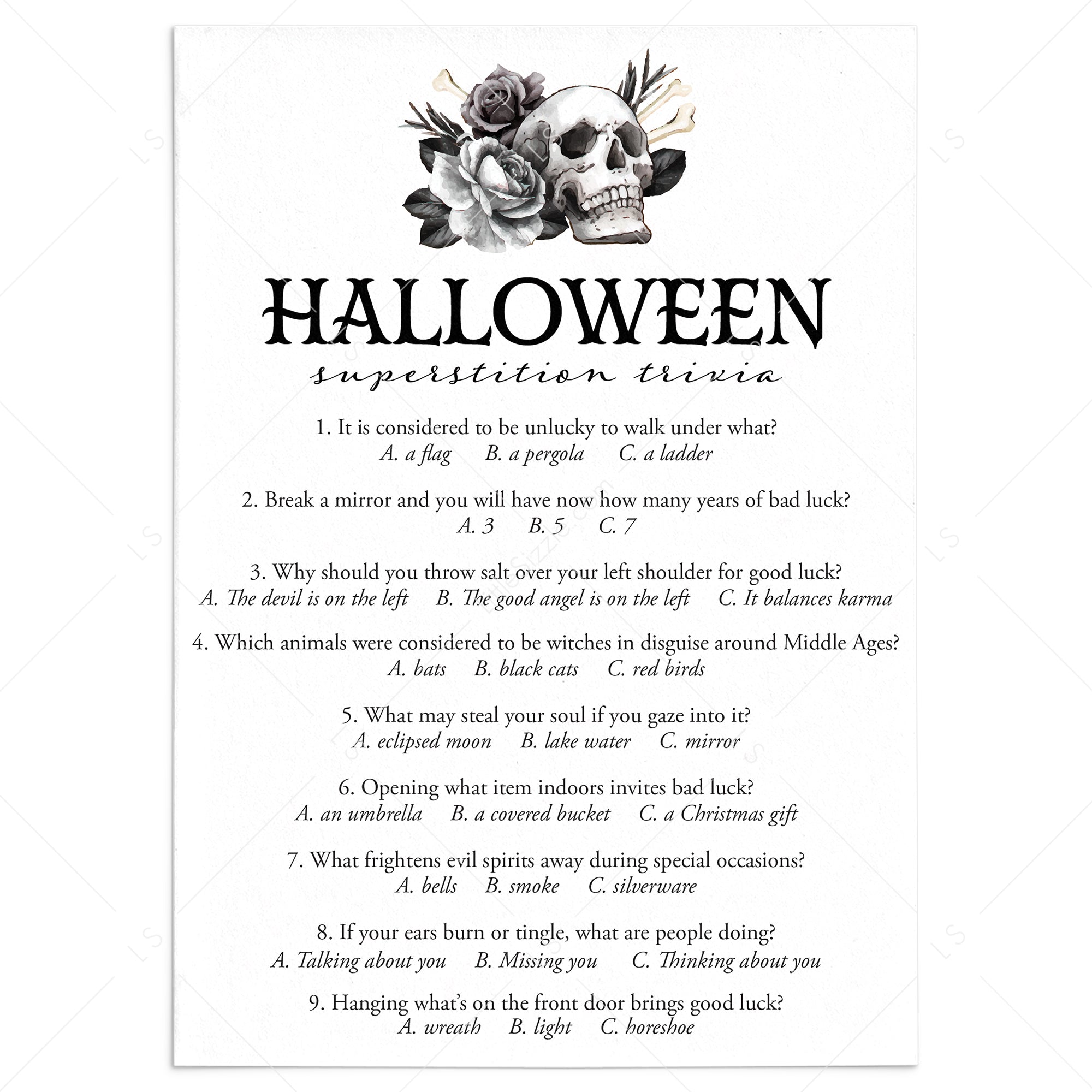 Printable Halloween Superstition Quiz with Answers by LittleSizzle