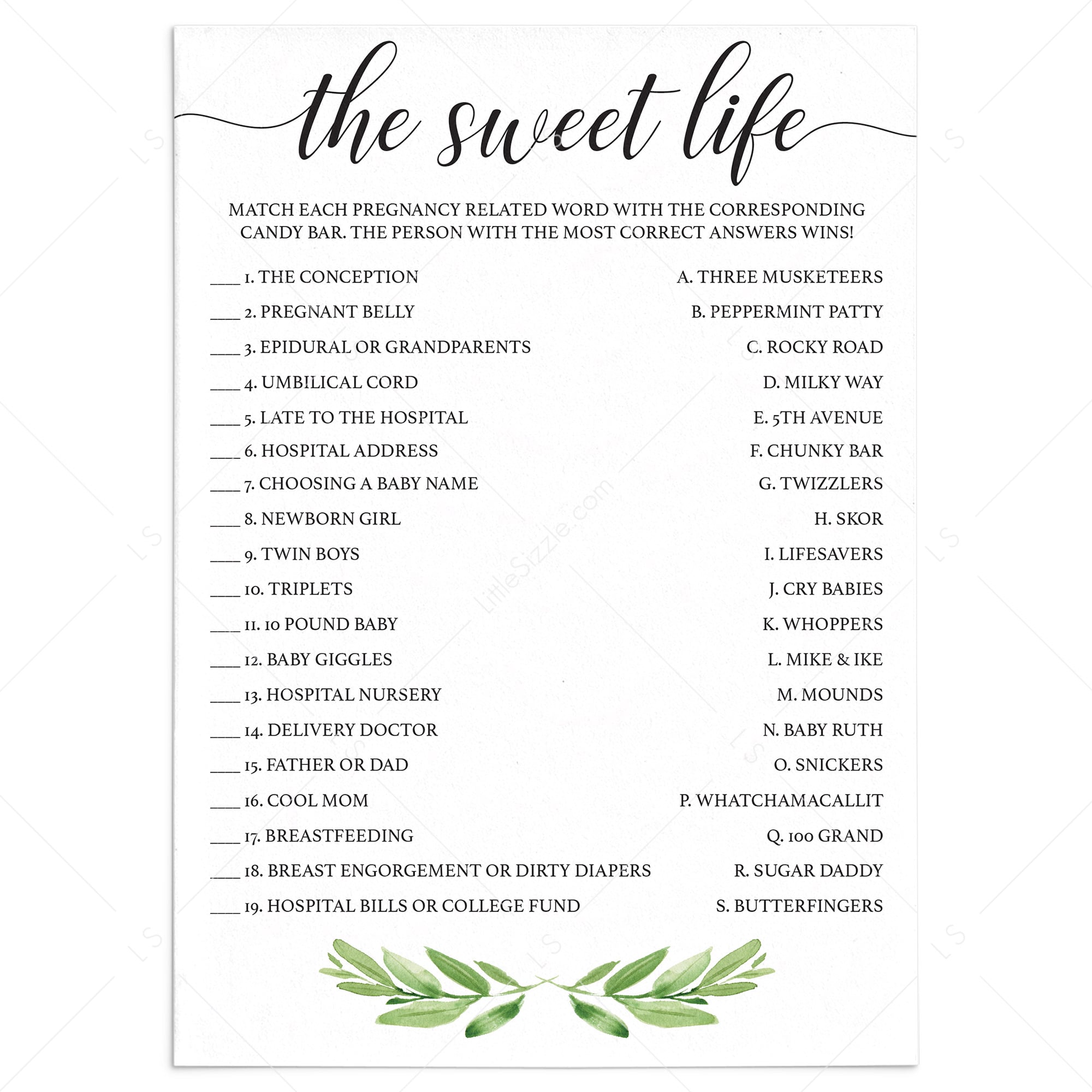 The Sweet Life baby shower game Candy Bar Match