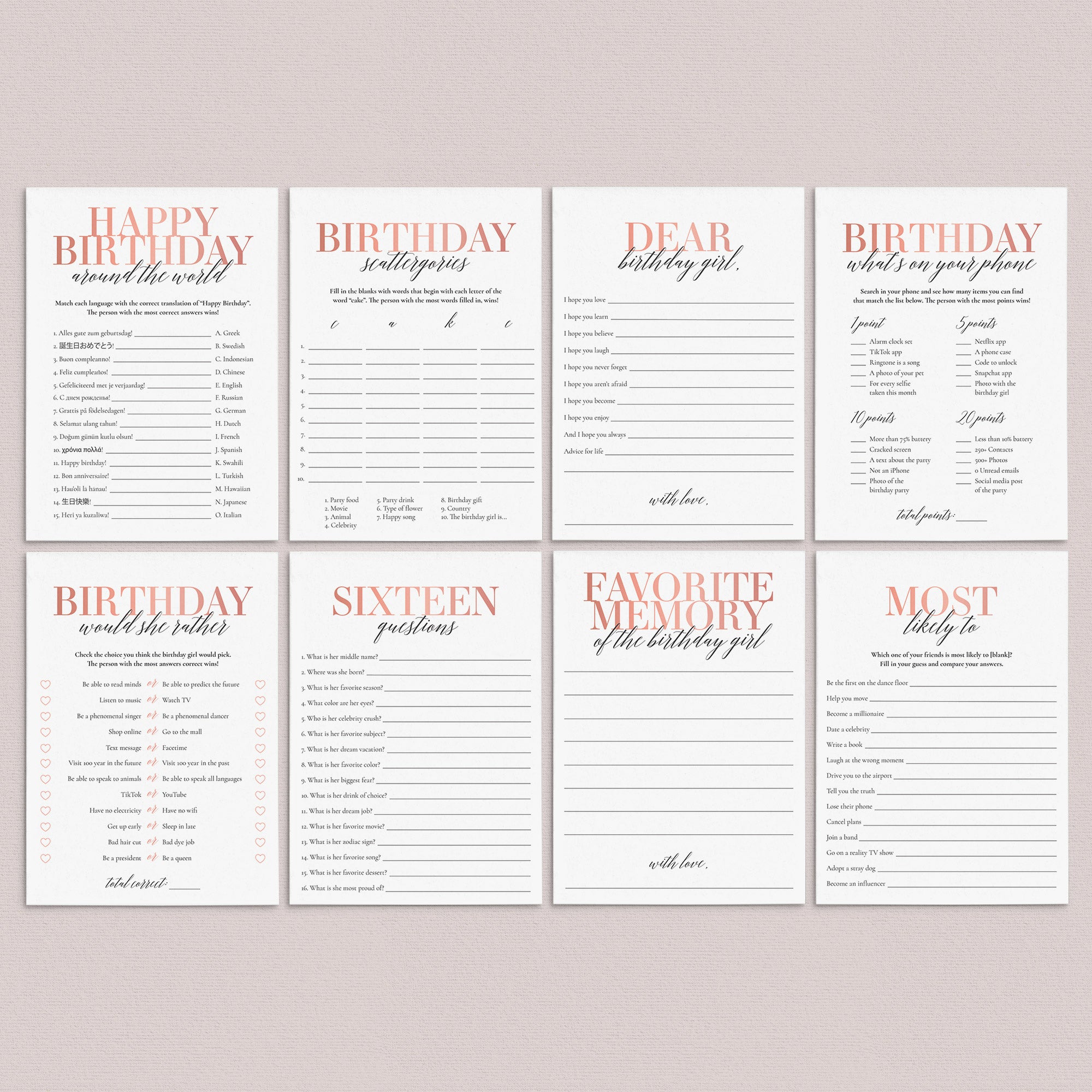 Sweet 16 Party Games Bundle Rose Gold Printable by LittleSizzle