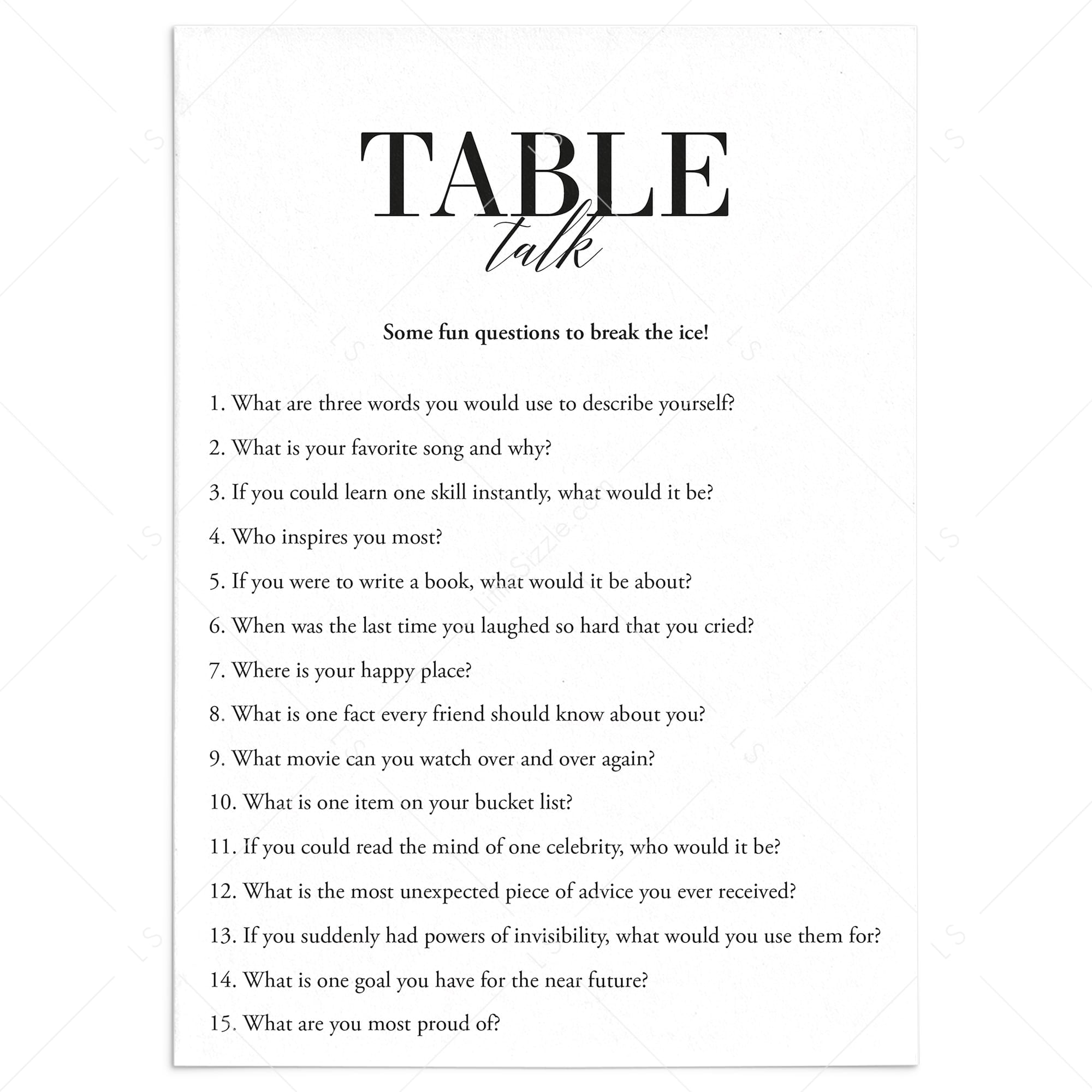 Printable Conversation Starter Table Talk Questions Table Topics