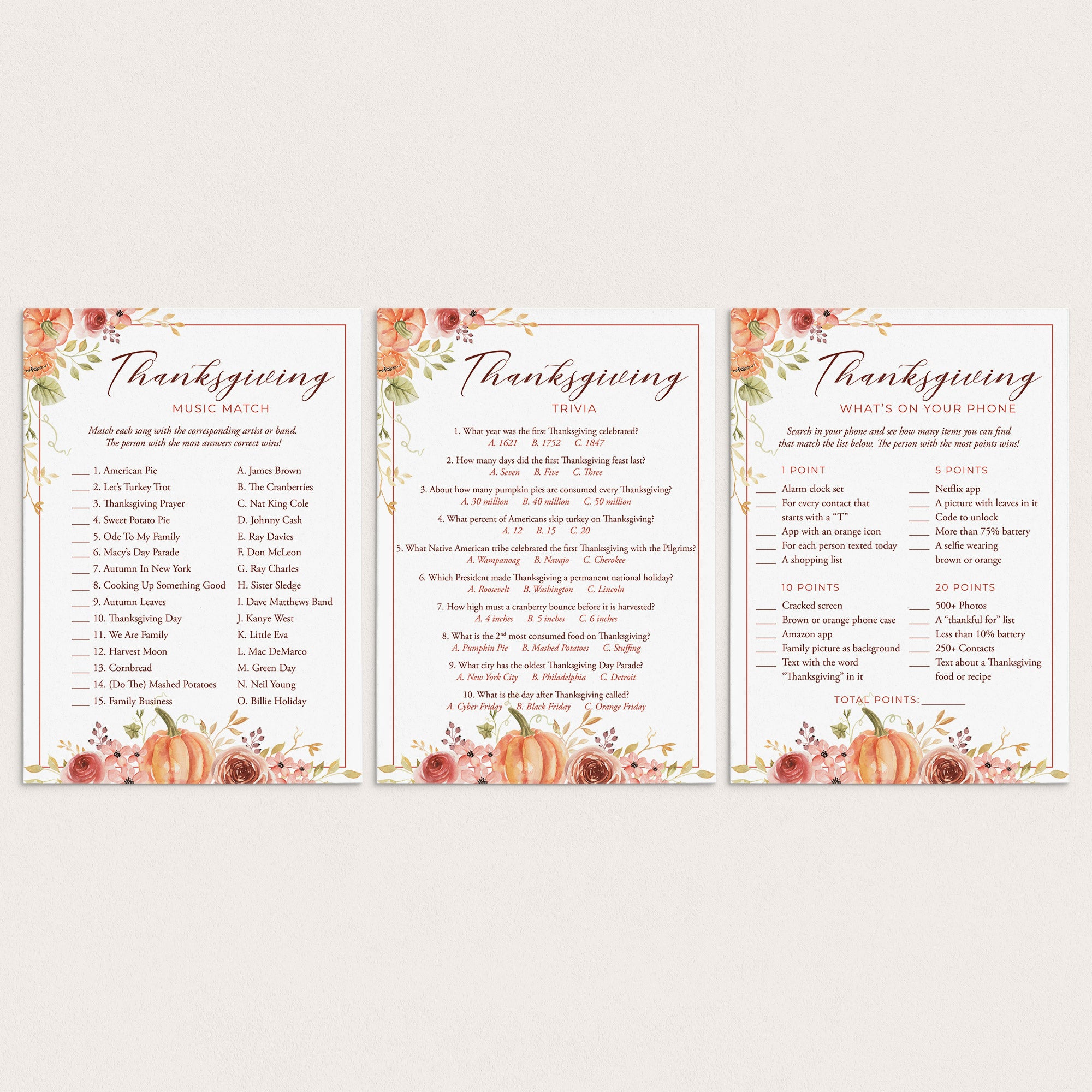 Floral Thanksgiving Dinner Party Trivia Games Printable by LittleSizzle
