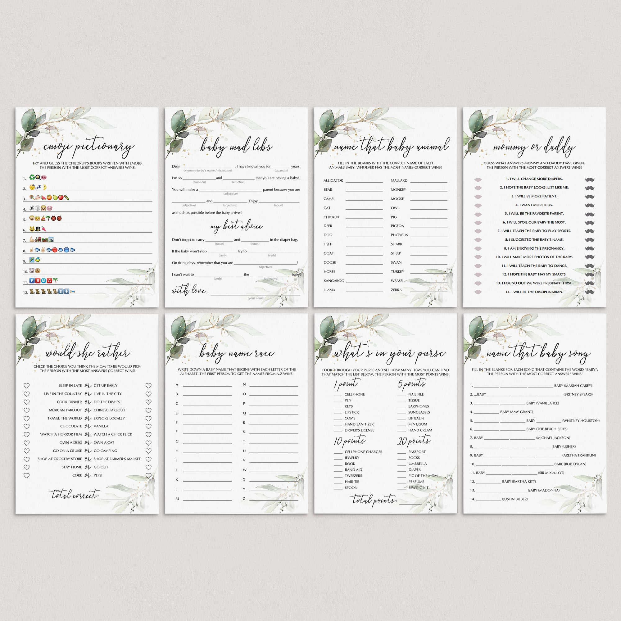 Greenery Gold Baby Shower Games Package Instant Download by LittleSizzle