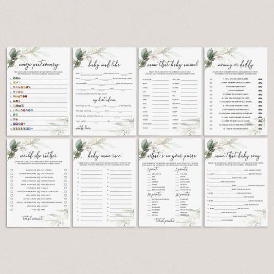 Greenery Gold Baby Shower Games Package Instant Download by LittleSizzle