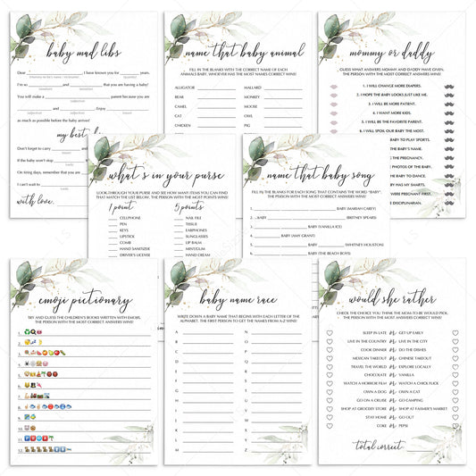 Greenery Gold Baby Shower Games Package Instant Download by LittleSizzle
