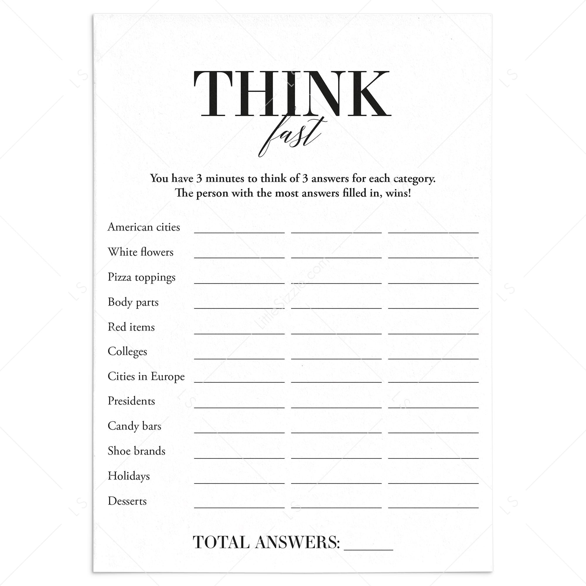 Think Fast Icebreaker Game Printable | Instant Download