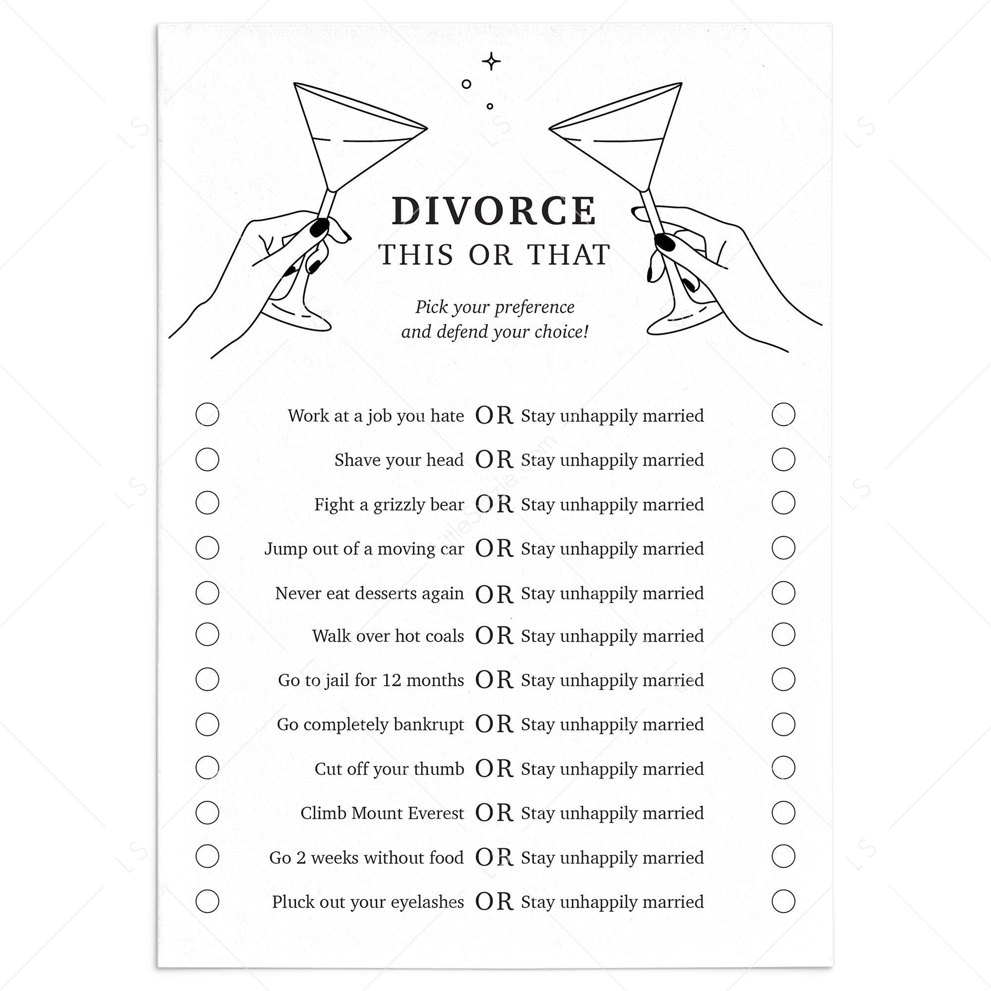 Funny Divorce Party Game Idea This or That by LittleSizzle