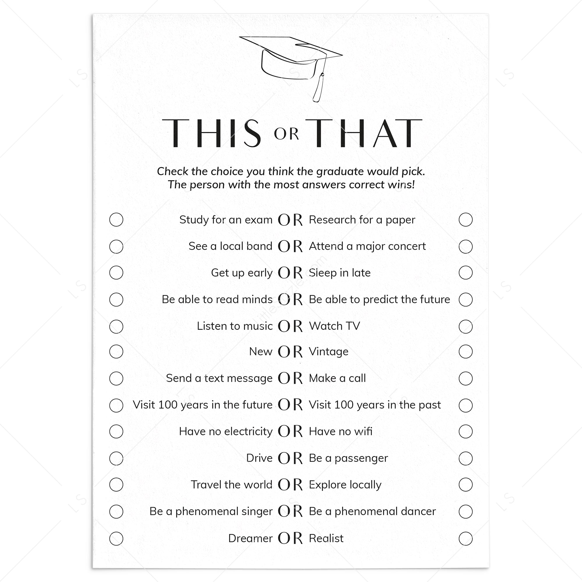 This or That Grad Party Game Printable by LittleSizzle