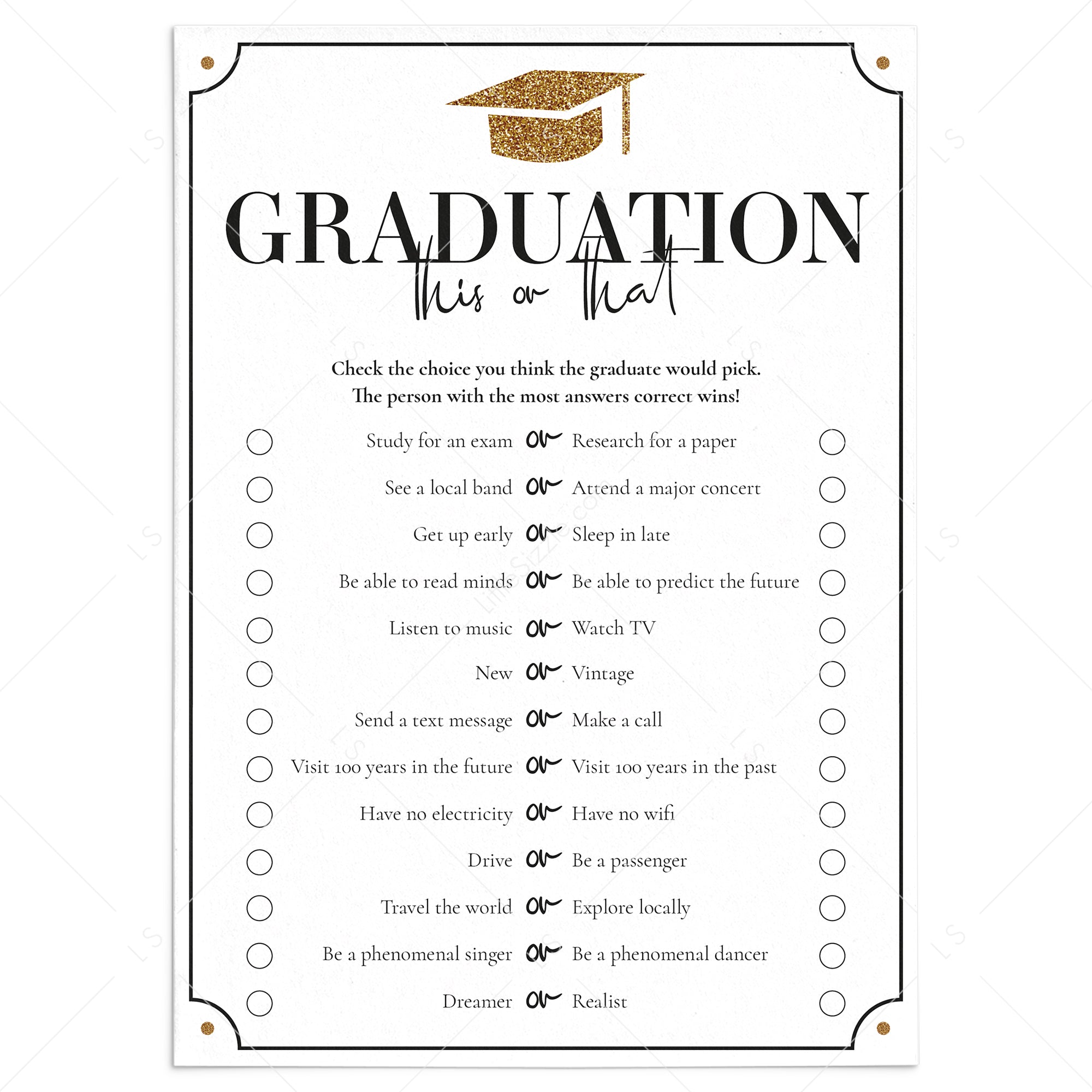 Graduation Party Game Would They Rather This Or That by LittleSizzle