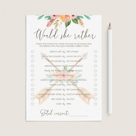 Printable Would She Rather Mommy Quiz Tribal Theme by LittleSizzle