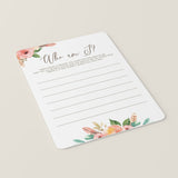 Boho Baby Shower Game Who Am I Instant Download