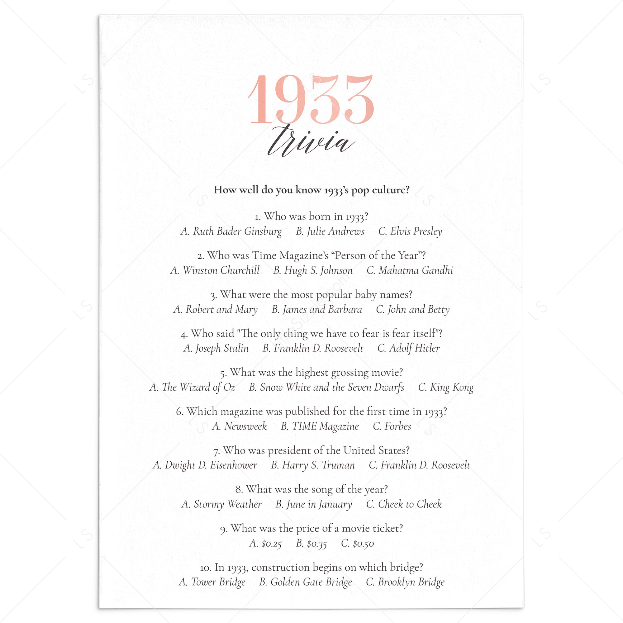 1933 Trivia Questions and Answers Printable by LittleSizzle