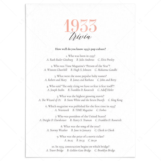 1933 Trivia Questions and Answers Printable by LittleSizzle