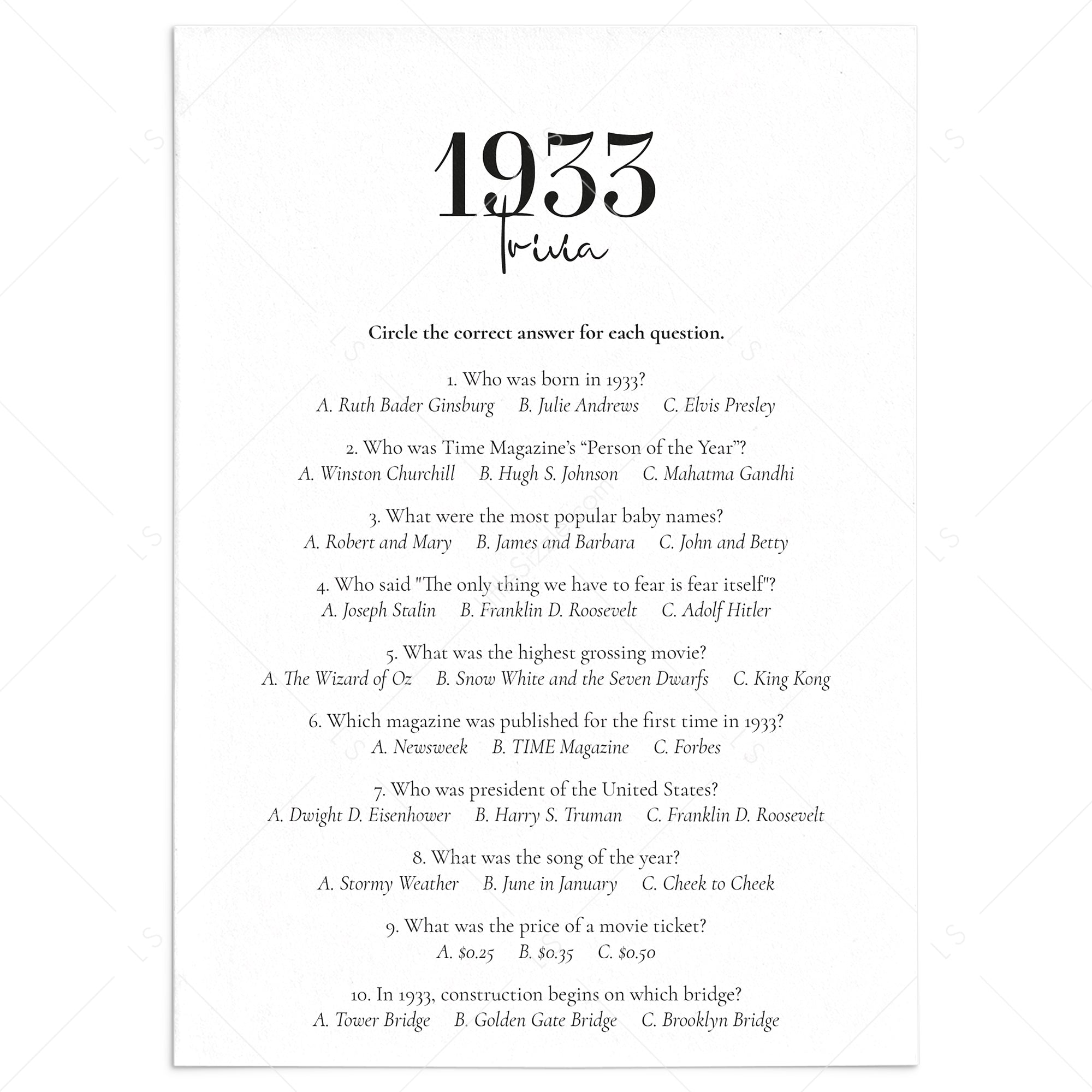 1933 Trivia Quiz with Answer Key Instant Download by LittleSizzle