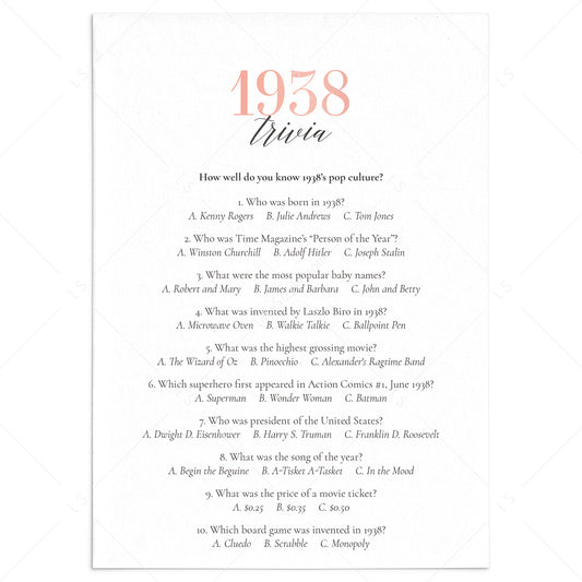1938 Trivia Questions and Answers Printable by LittleSizzle