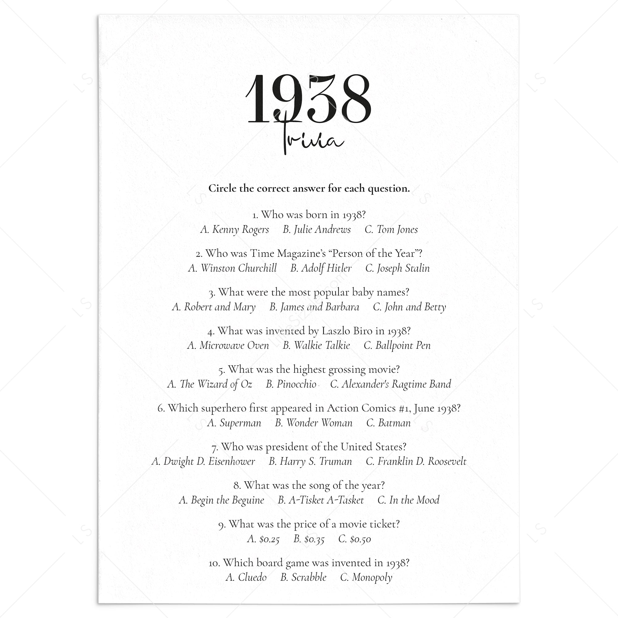 1938 Trivia Quiz with Answer Key Instant Download by LittleSizzle