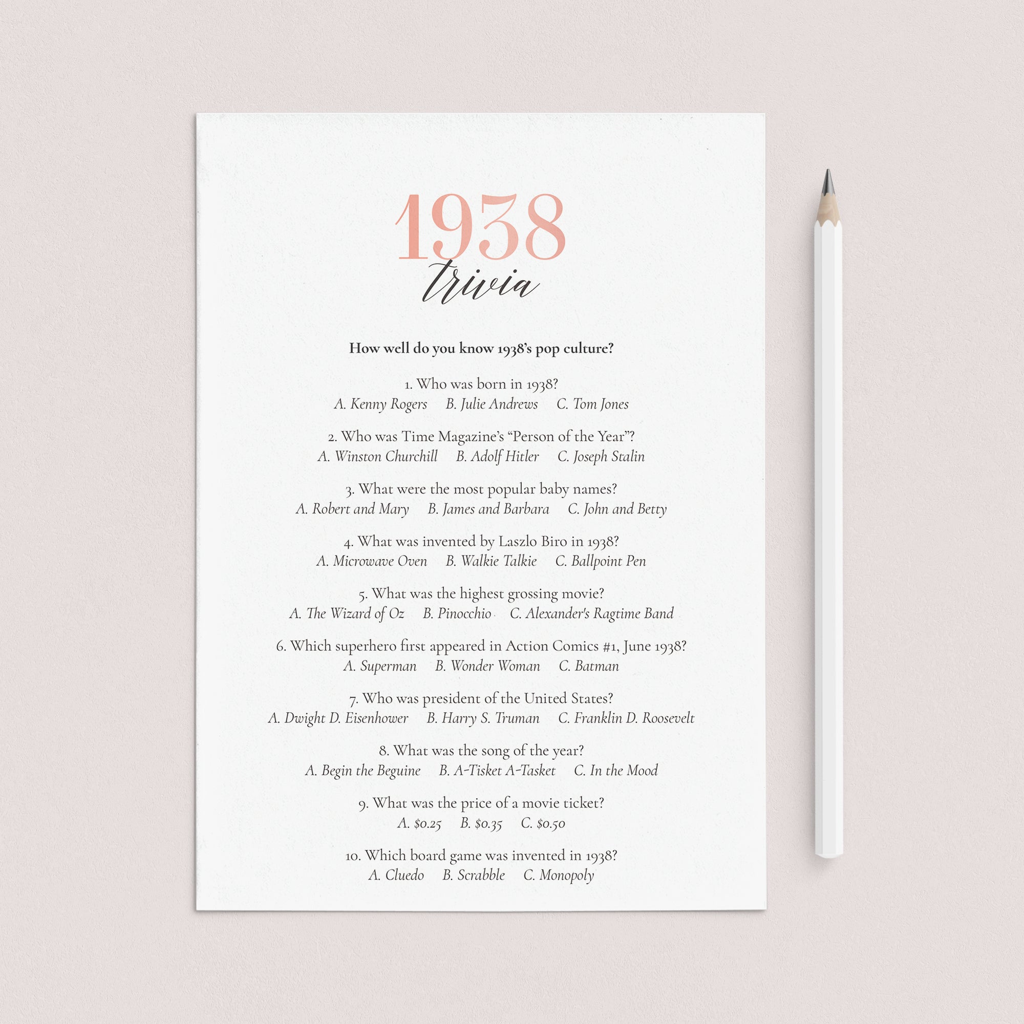1938 Trivia Questions and Answers Printable by LittleSizzle