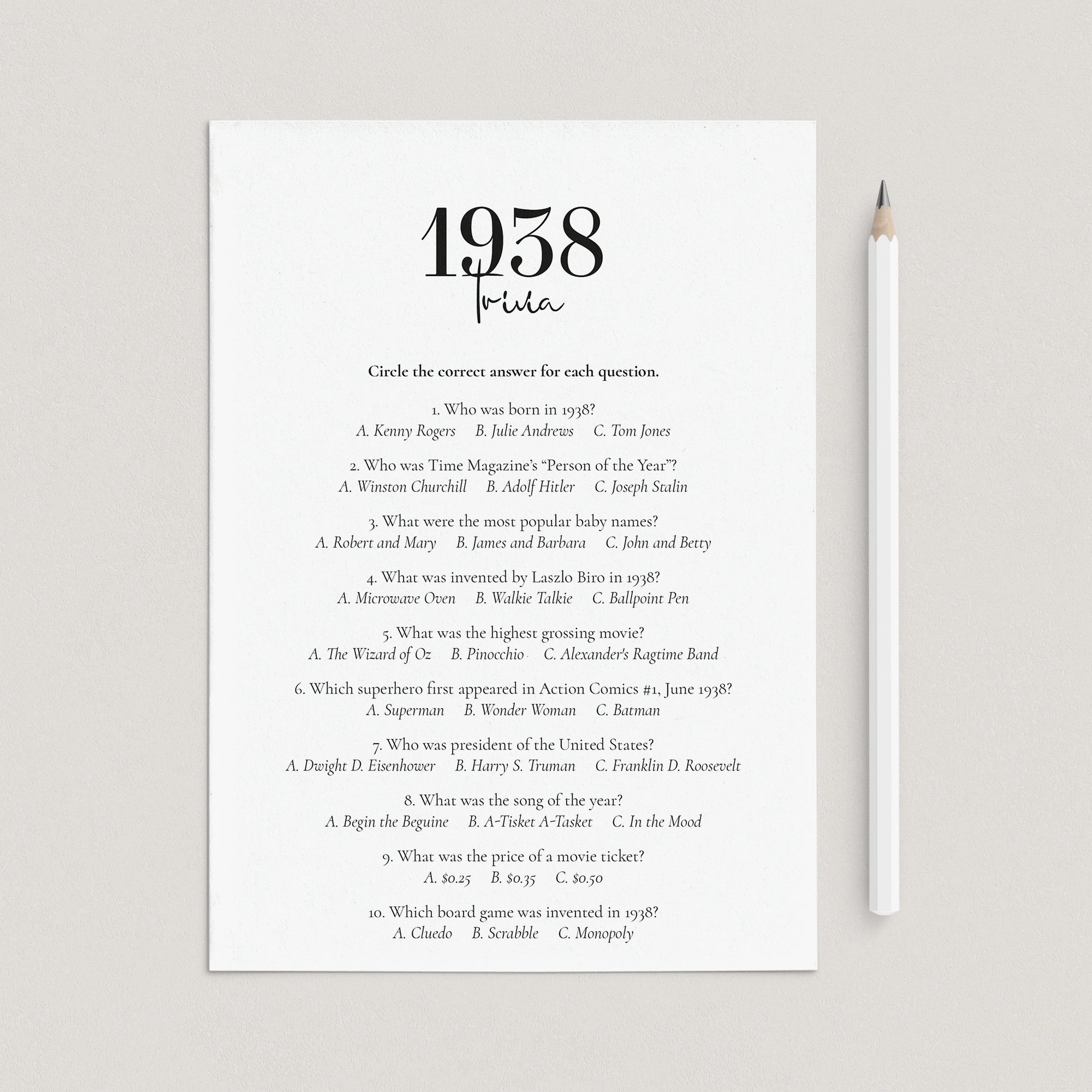 1938 Trivia Quiz with Answer Key Instant Download by LittleSizzle