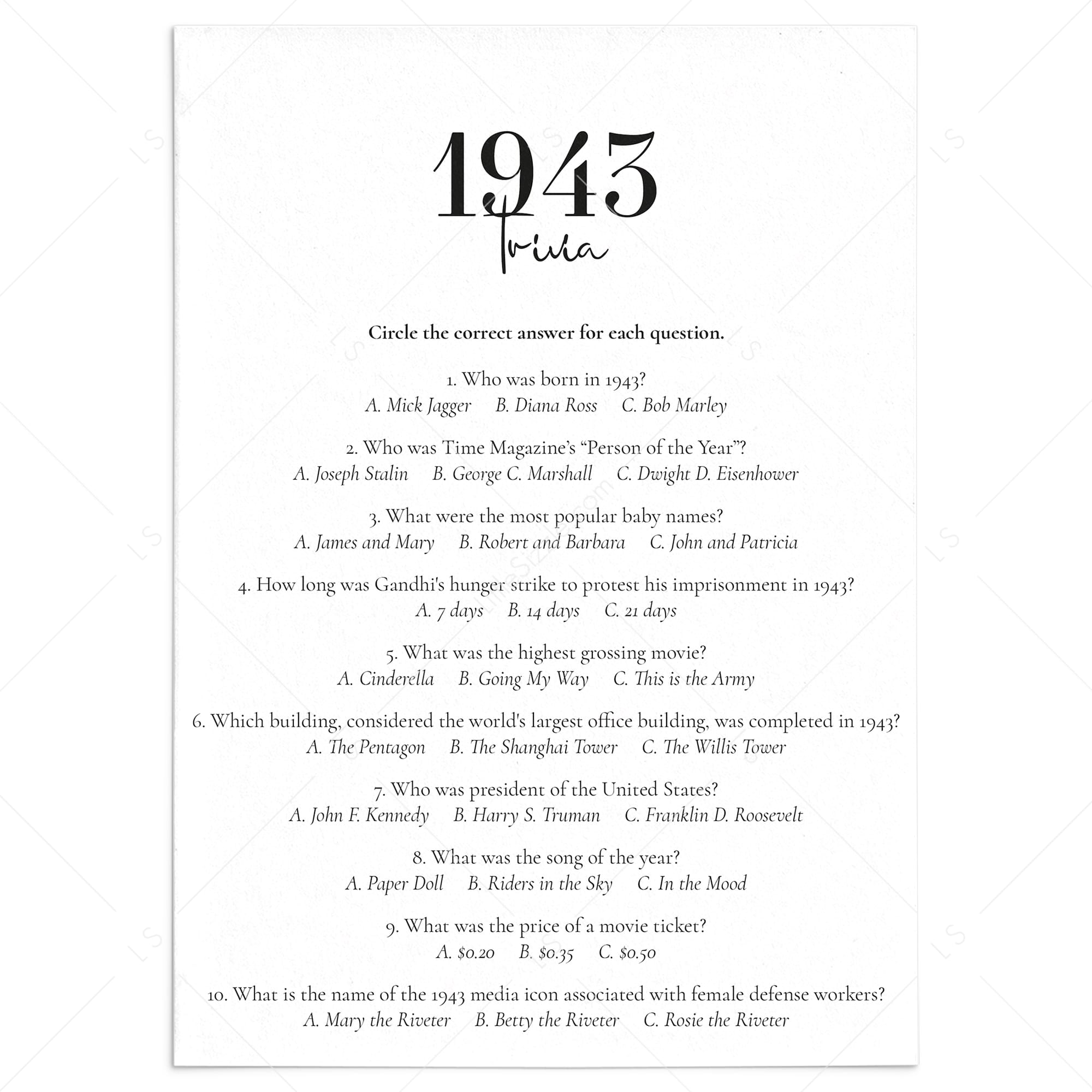 1943 Trivia Questions and Answers Printable