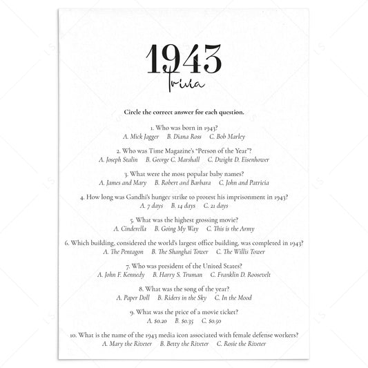 1943 Trivia Quiz with Answer Key Instant Download