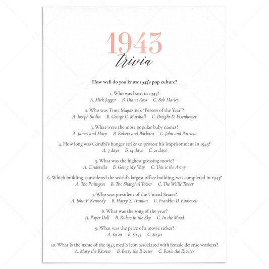 1943 Trivia Questions and Answers Printable by LittleSizzle