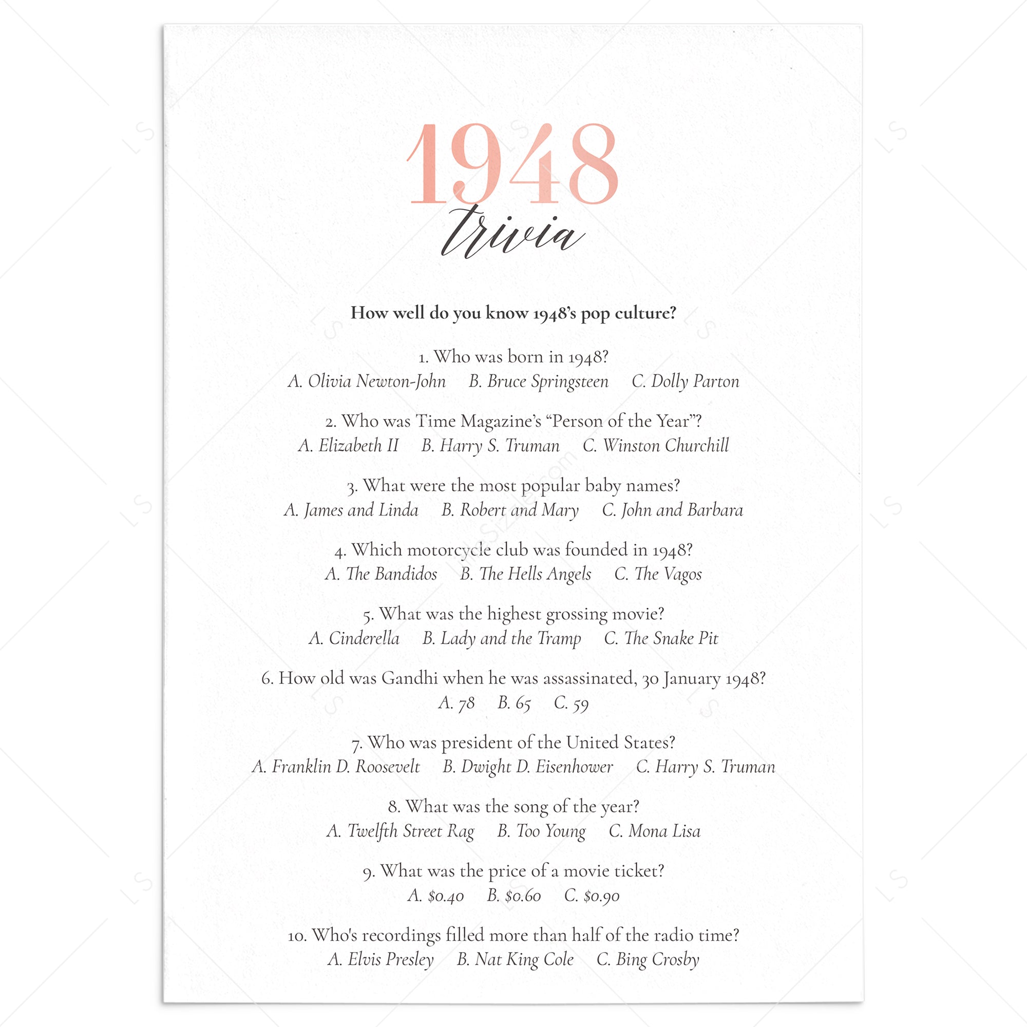 1948 Trivia Questions and Answers Printable by LittleSizzle