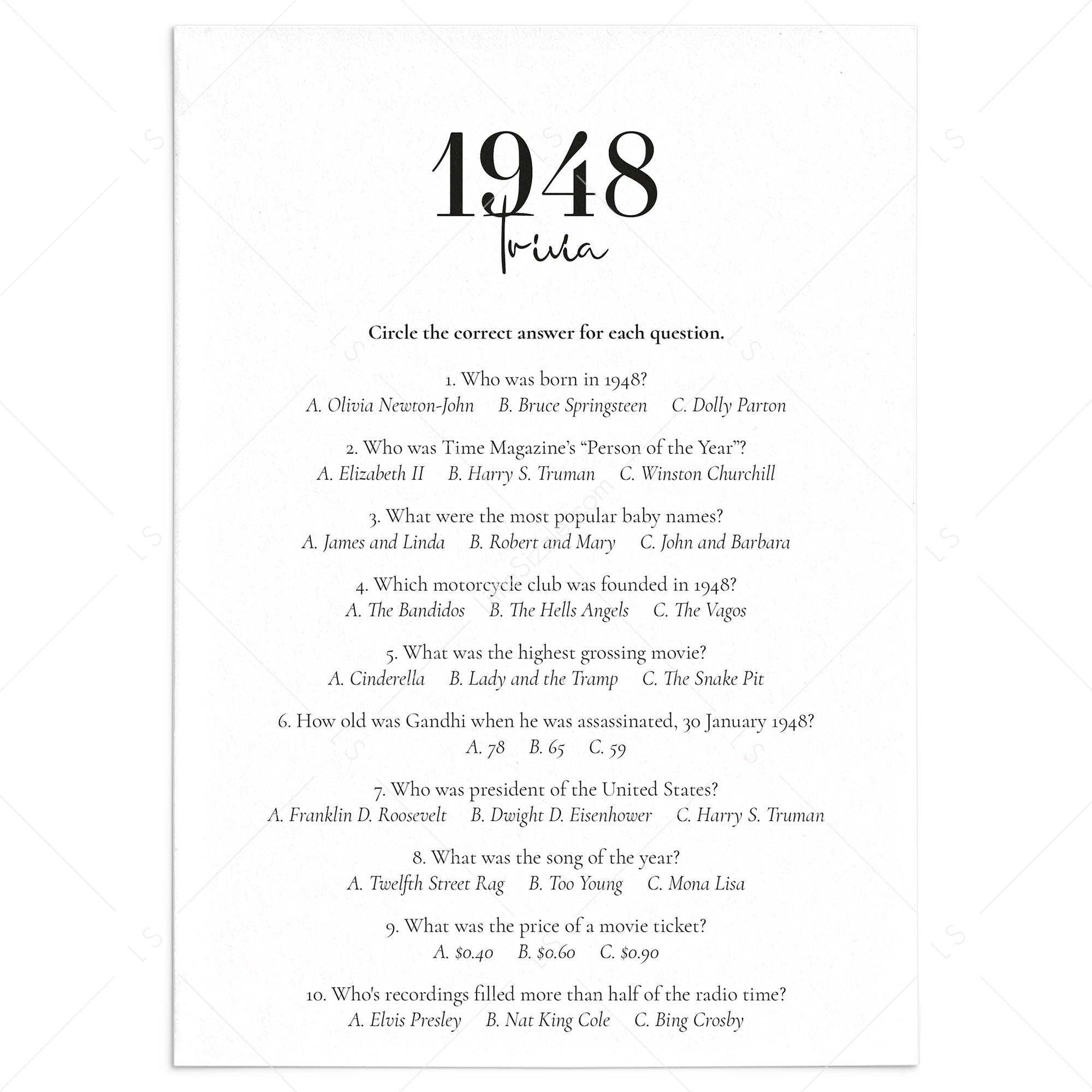 1948 Trivia Quiz with Answer Key Instant Download by LittleSizzle