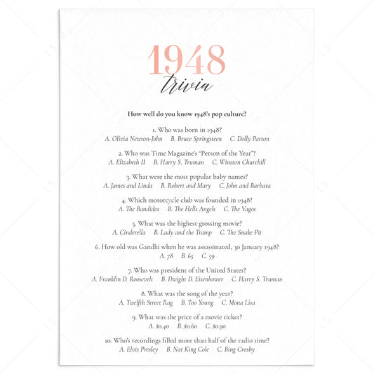 1948 Trivia Questions and Answers Printable by LittleSizzle
