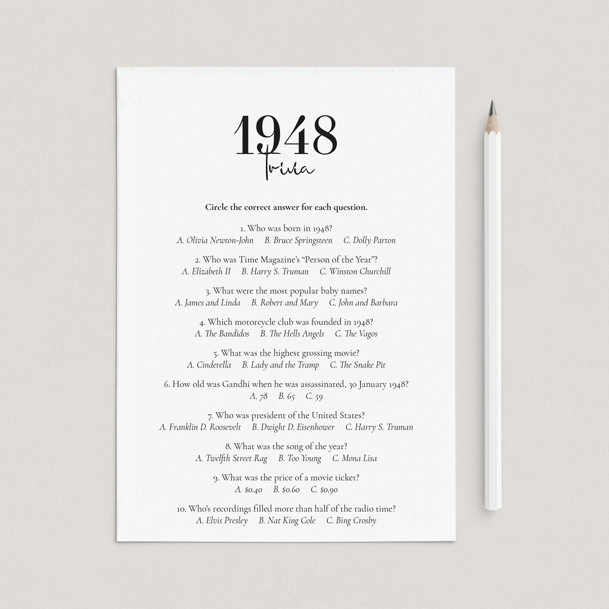 1948 Trivia Quiz with Answer Key Instant Download by LittleSizzle