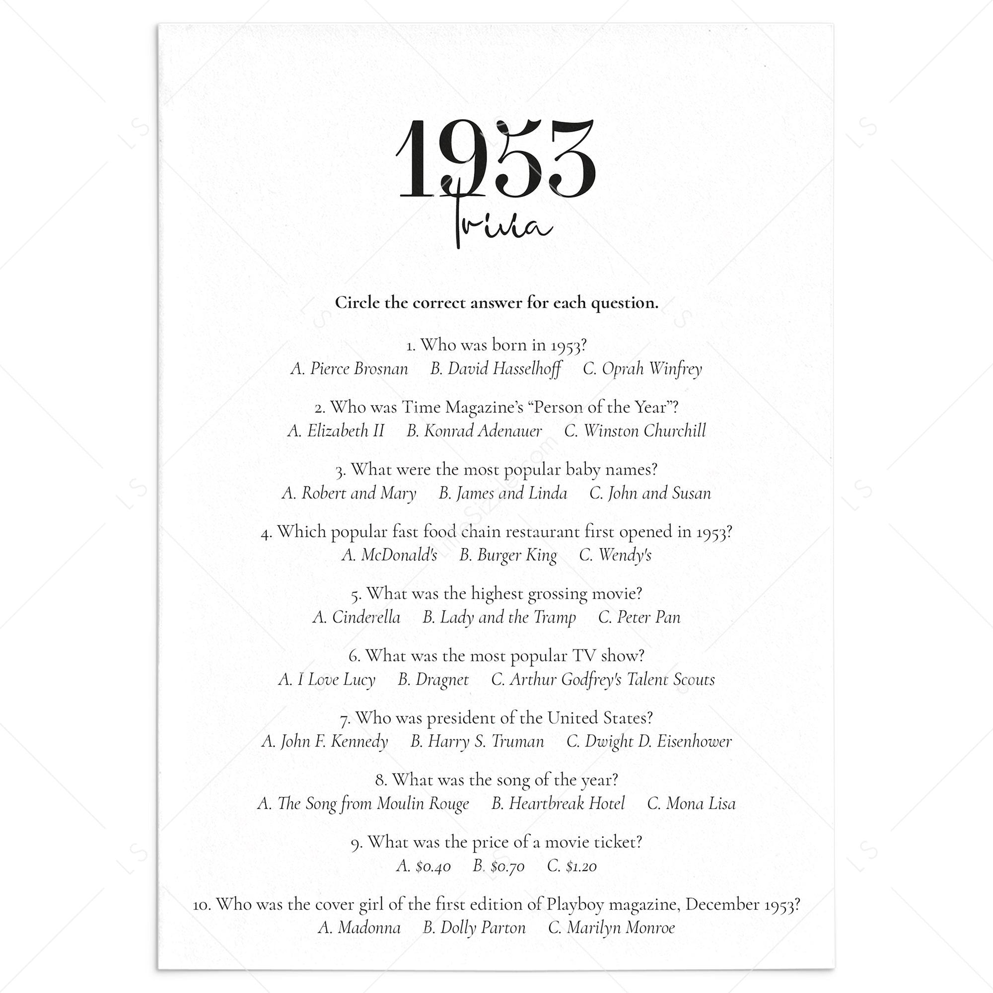 1953 Trivia Quiz with Answer Key Instant Download by LittleSizzle