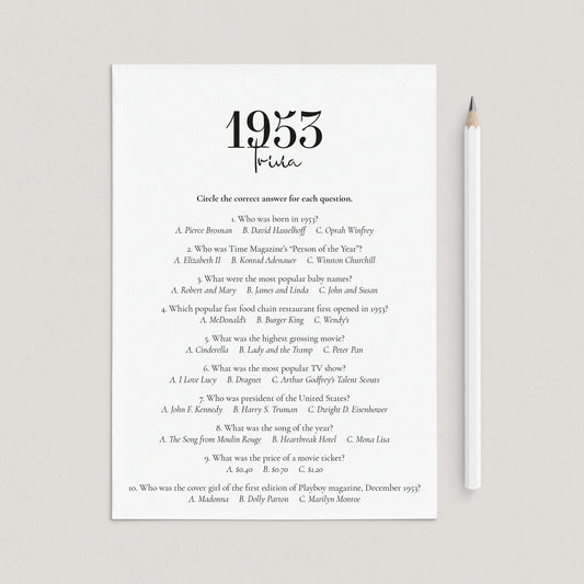 1953 Trivia Quiz with Answer Key Instant Download by LittleSizzle