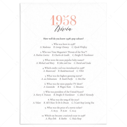 1958 Trivia Questions and Answers Printable by LittleSizzle