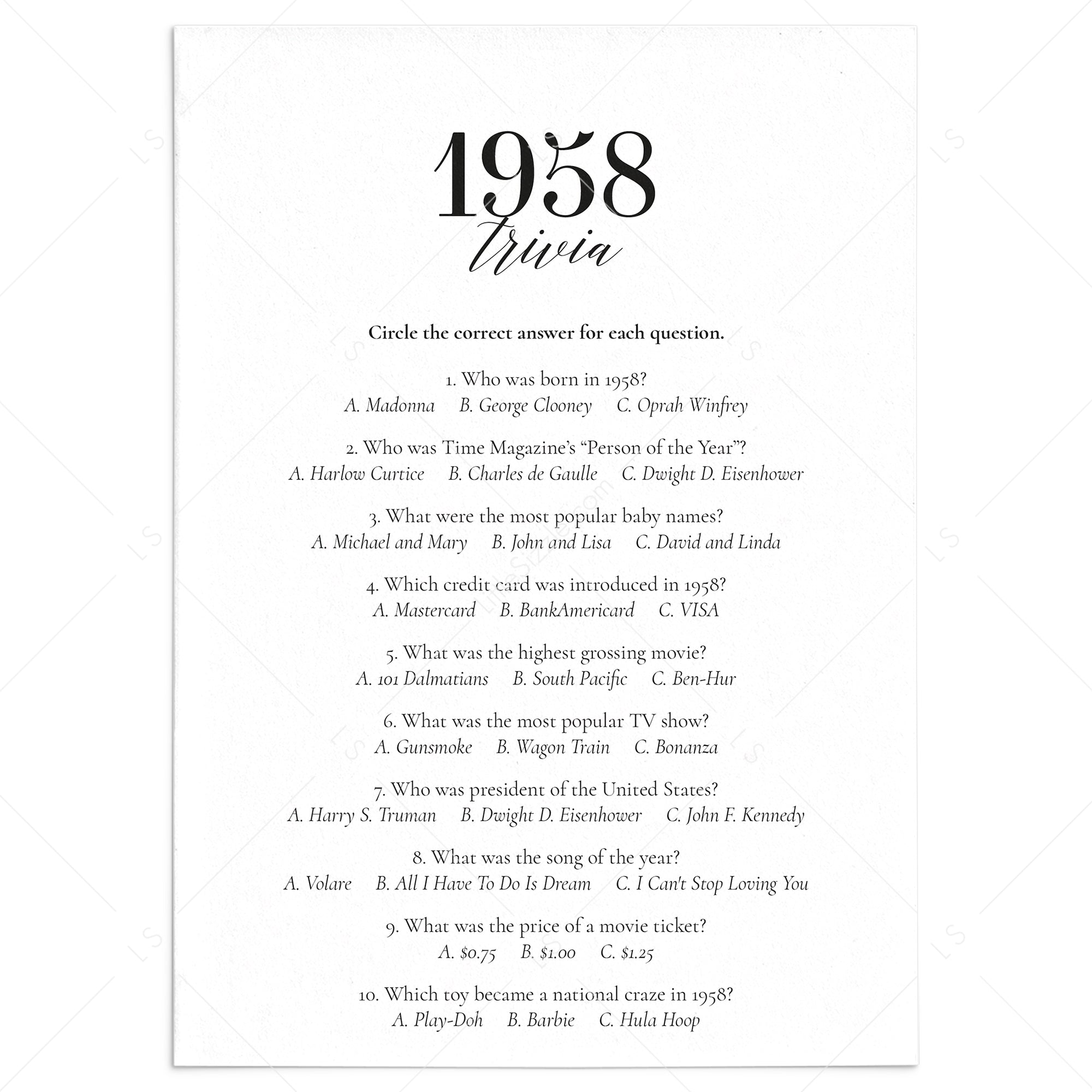 1958 Fun Facts Quiz with Answers Printable by LittleSizzle