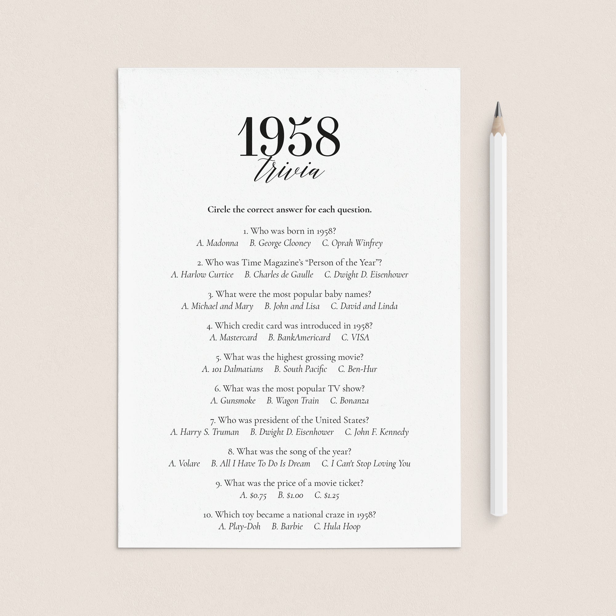 1958 Fun Facts Quiz with Answers Printable by LittleSizzle