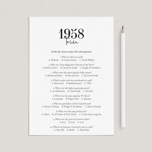 1958 Trivia Quiz with Answer Key Instant Download by LittleSizzle