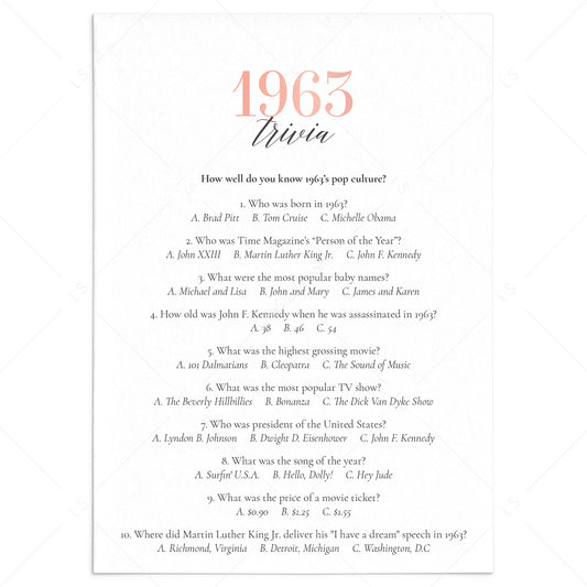 1963 Trivia Questions and Answers Printable by LittleSizzle