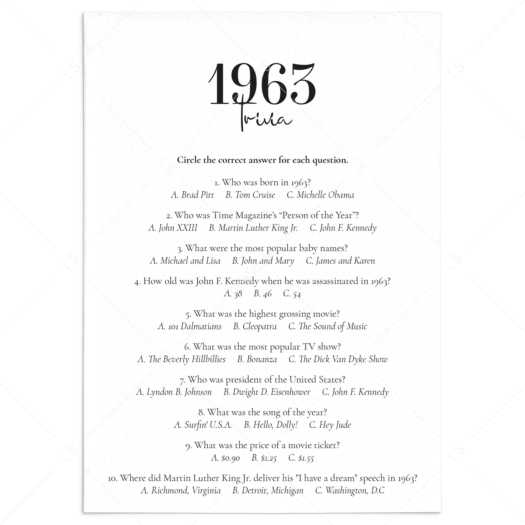 1963 Trivia Quiz with Answer Key Instant Download by LittleSizzle