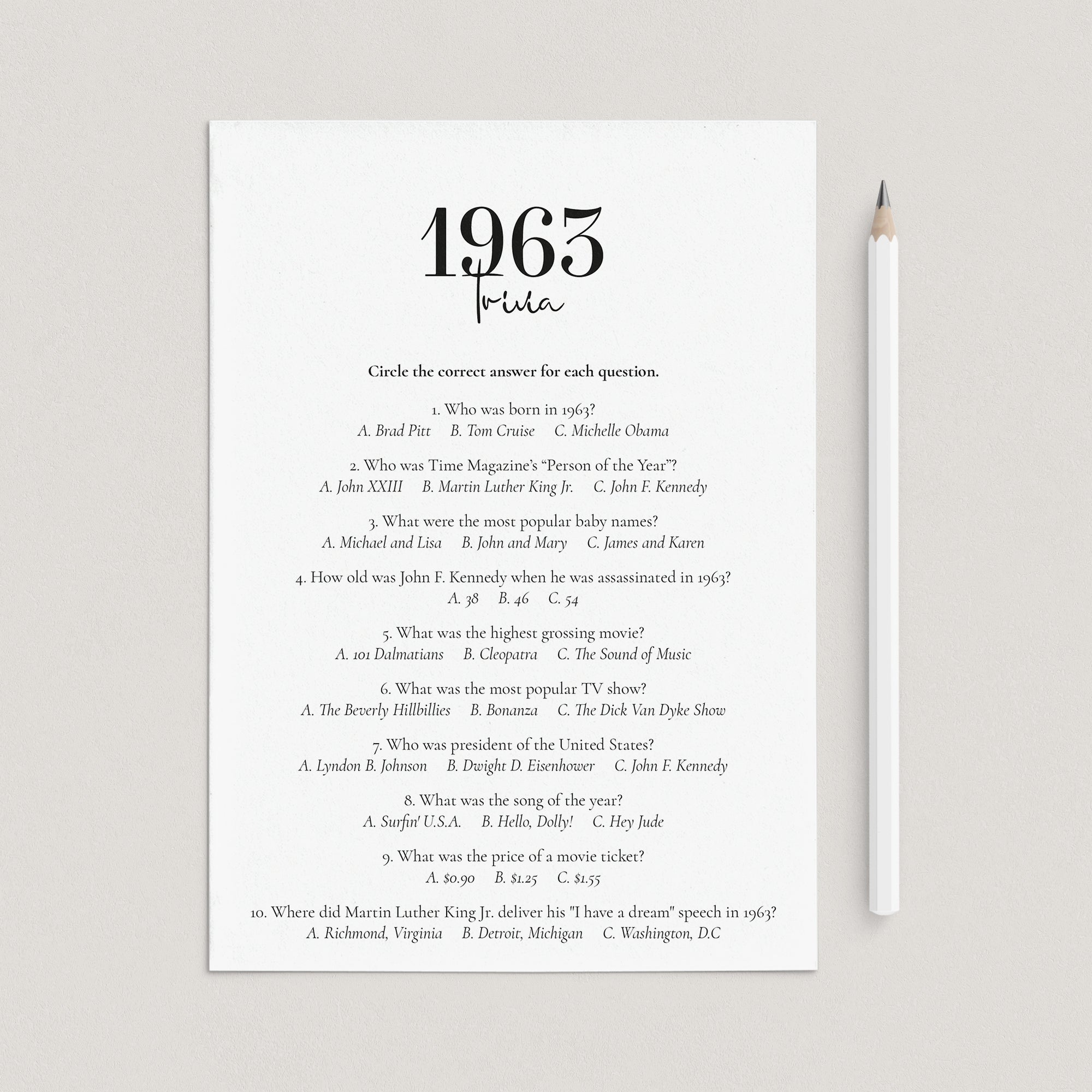 1963 Trivia Quiz with Answer Key Instant Download by LittleSizzle