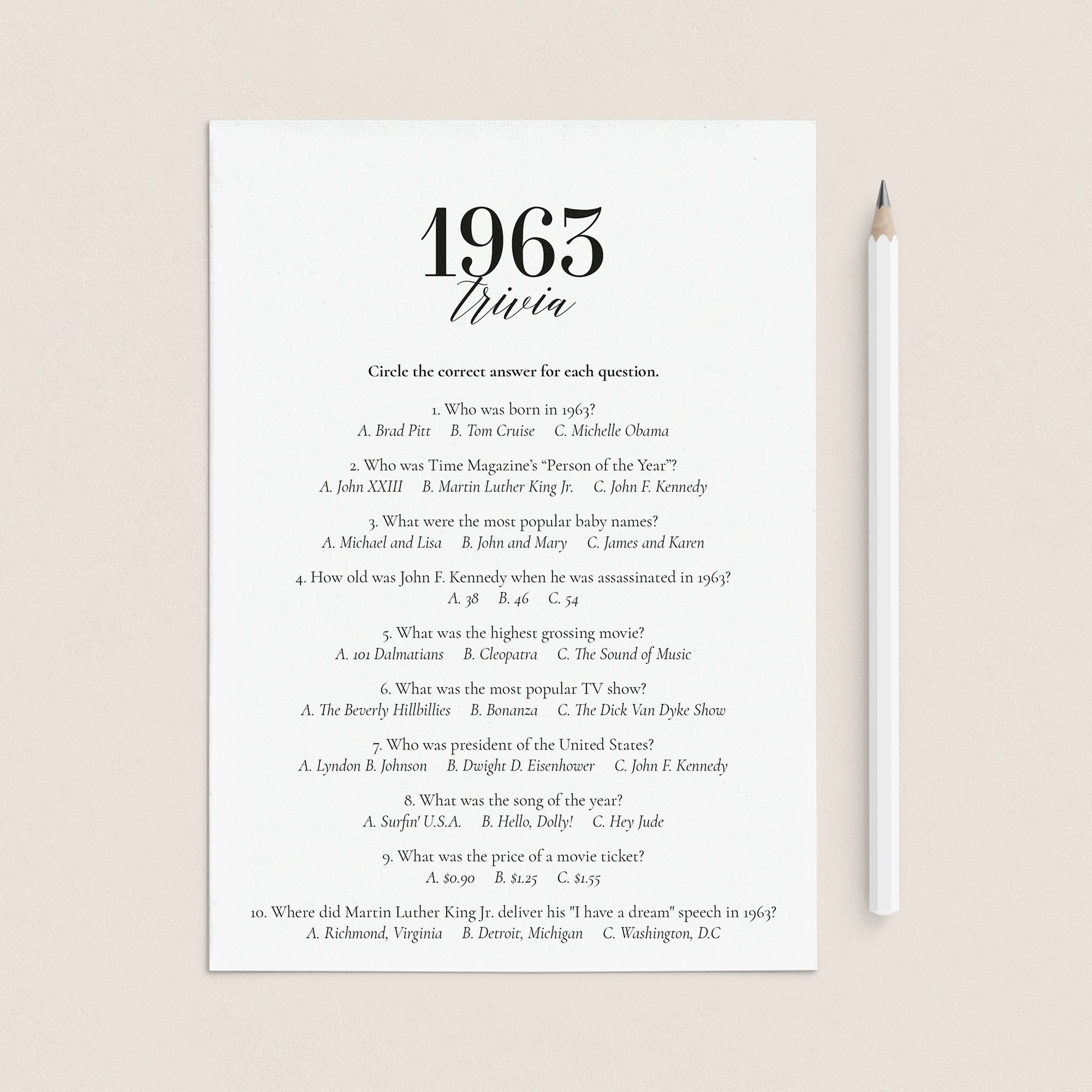 1963 Fun Facts Quiz with Answers Printable by LittleSizzle