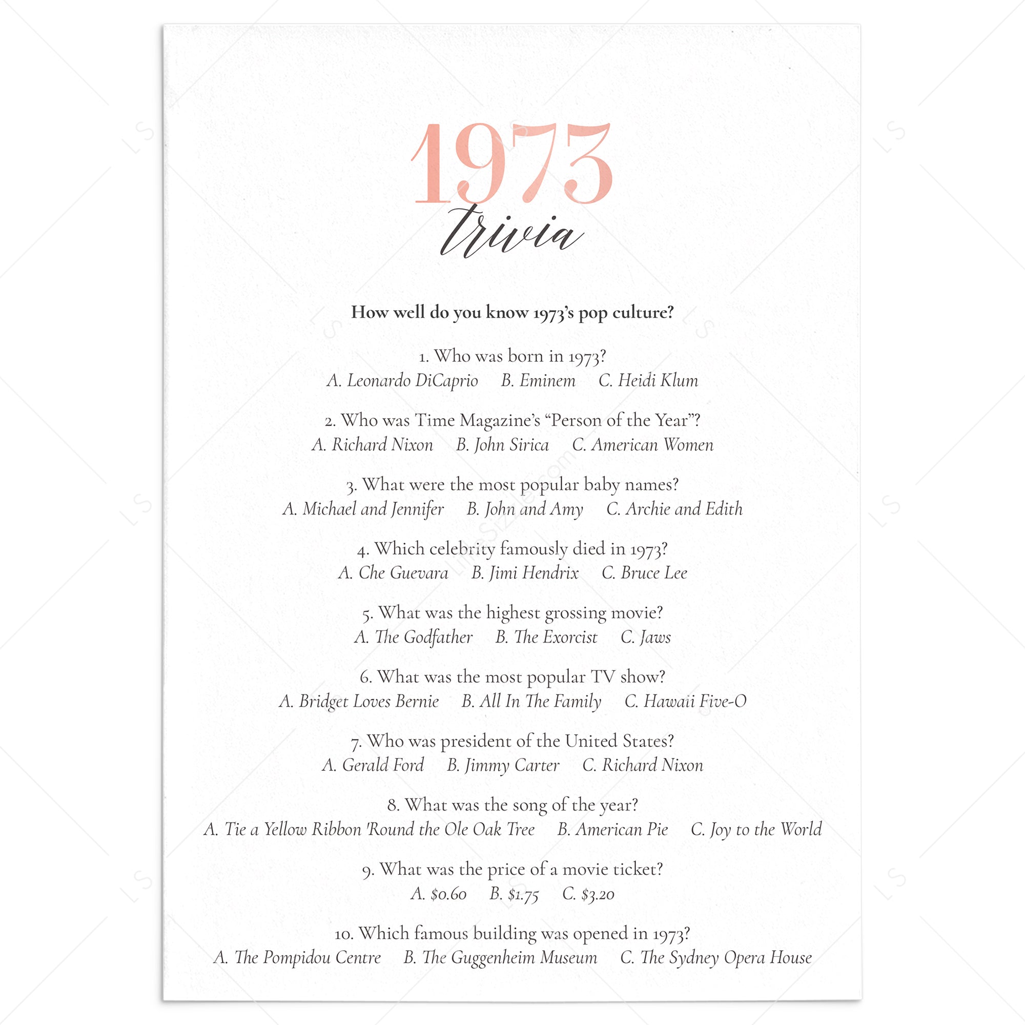 1973 Trivia Questions and Answers Printable by LittleSizzle