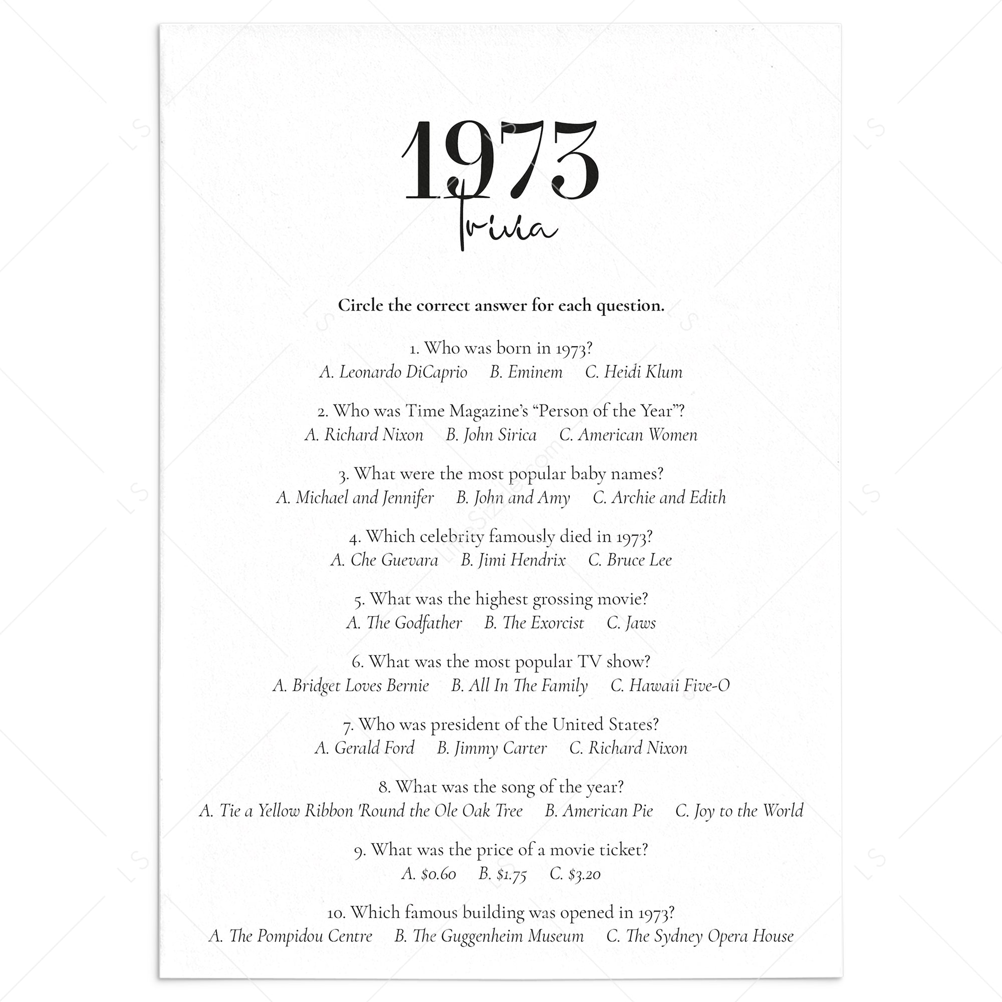 1973 Trivia Quiz with Answer Key Instant Download by LittleSizzle