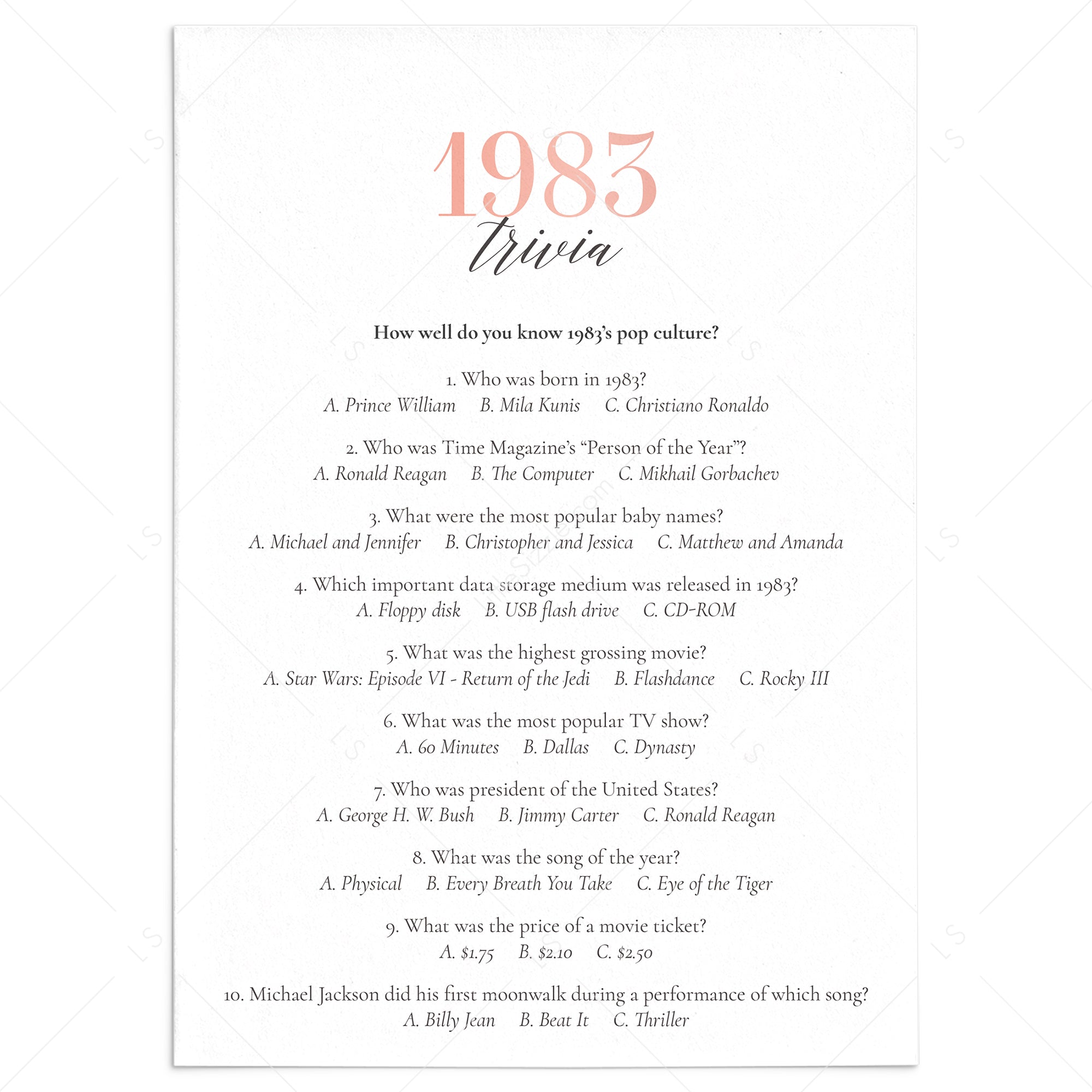 1983 Trivia Questions and Answers Printable by LittleSizzle