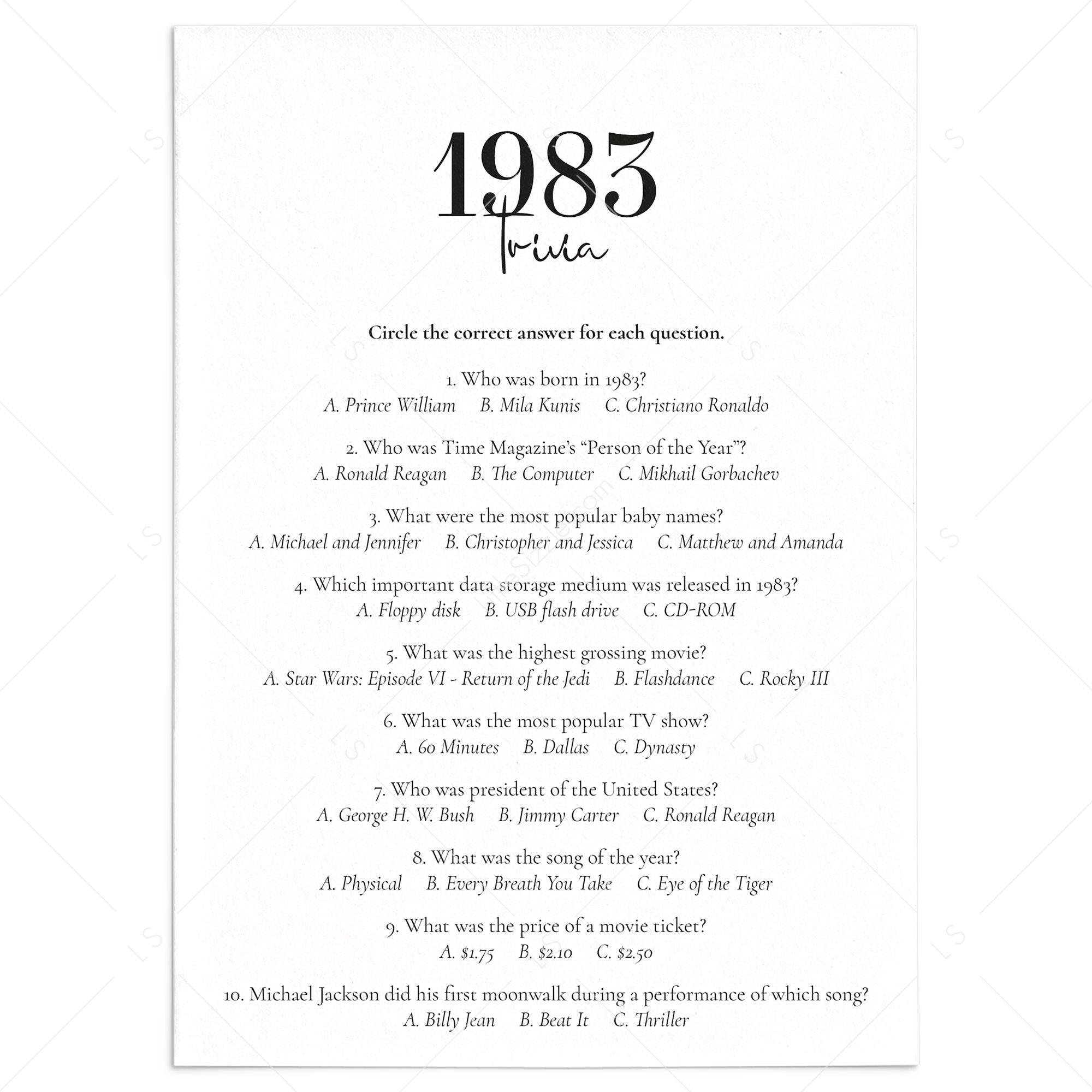 1983 Trivia Quiz with Answer Key Instant Download by LittleSizzle