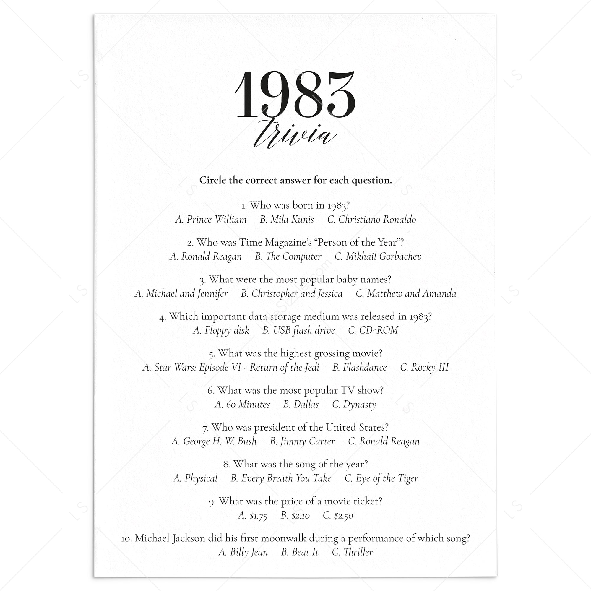 1983 Fun Facts Quiz with Answers Printable by LittleSizzle