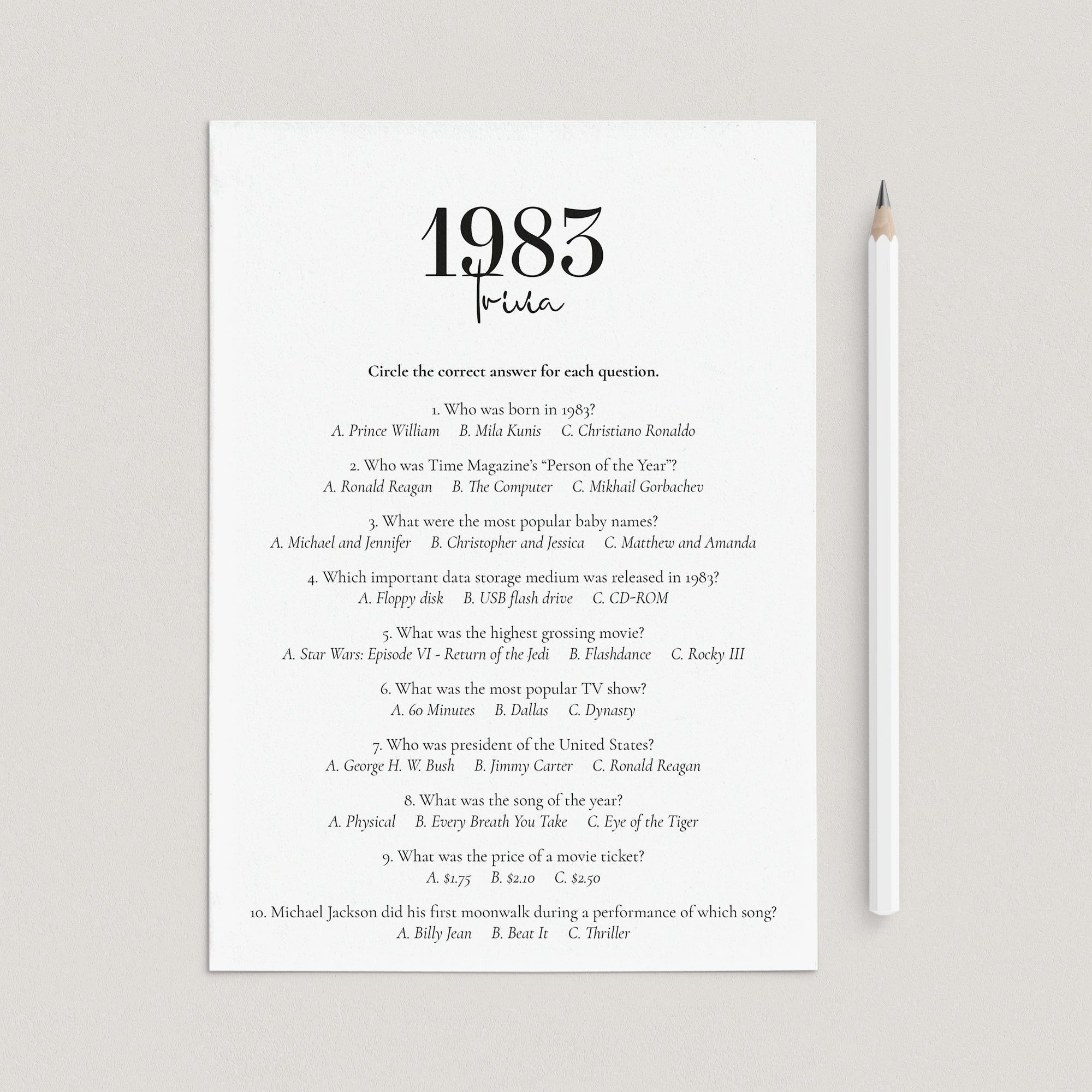 1983 Trivia Quiz with Answer Key Instant Download by LittleSizzle