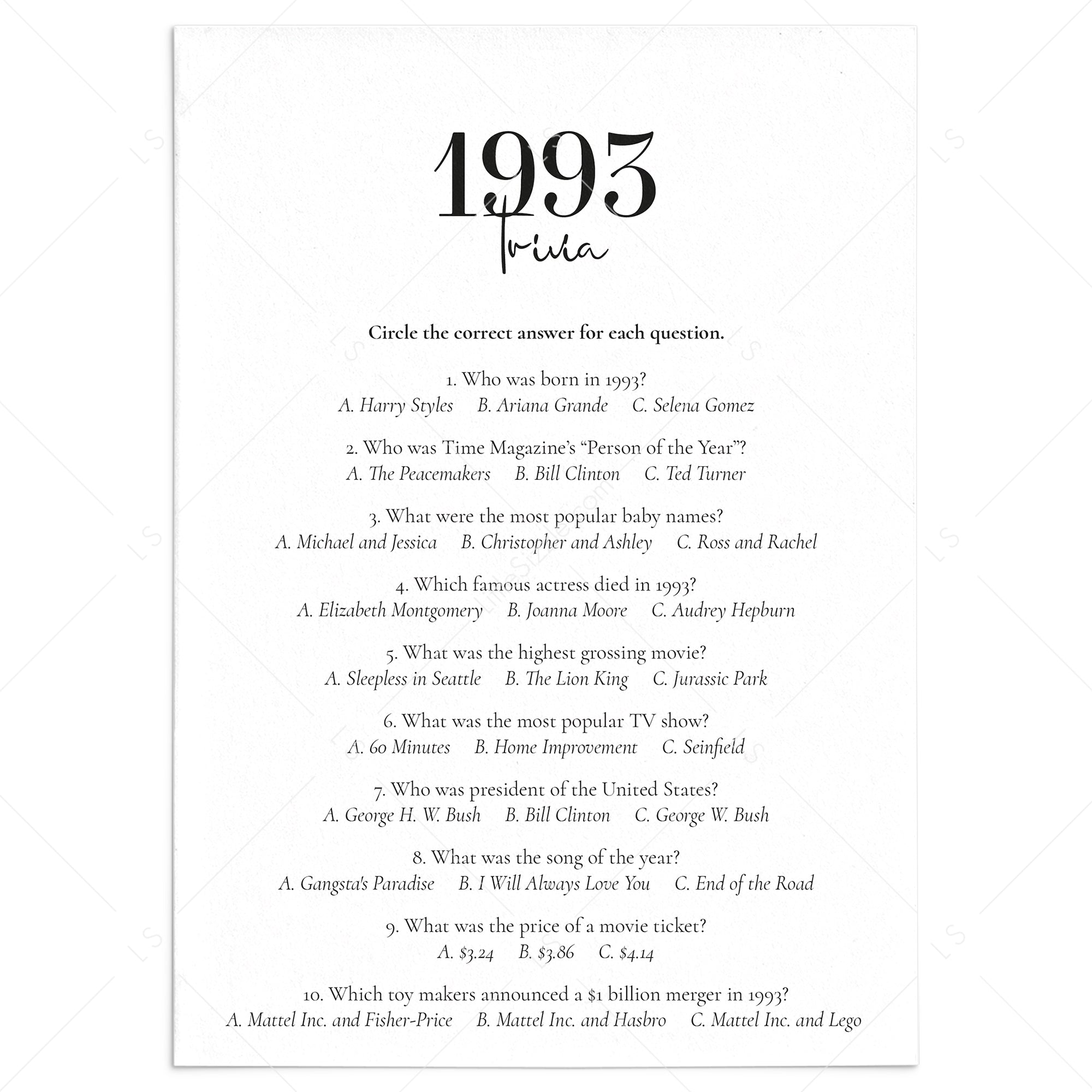 1993 Trivia Quiz with Answer Key Instant Download by LittleSizzle