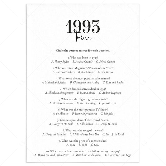 1993 Trivia Quiz with Answer Key Instant Download by LittleSizzle