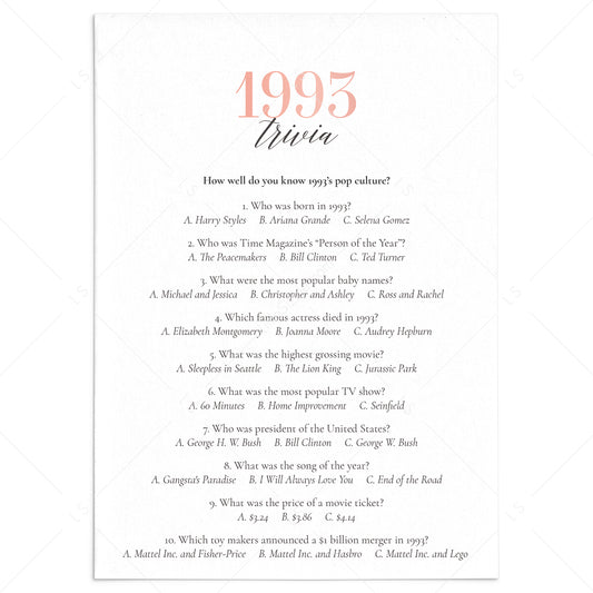 1993 Trivia Questions and Answers Printable by LittleSizzle