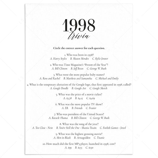 1998 Fun Facts Quiz with Answers Printable by LittleSizzle